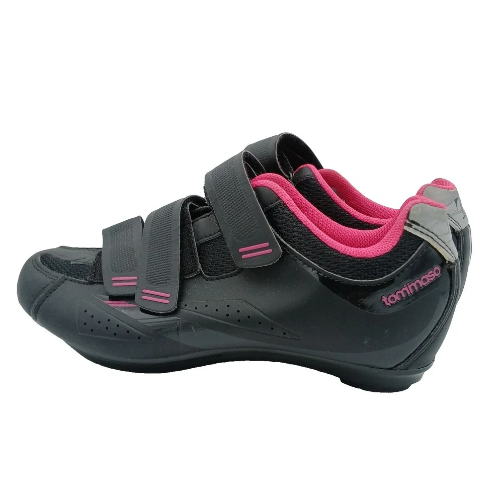 Womens 7.5 Tommaso Pista 100 Road Cycling Shoes Black Pink Adjustable Hook Loop‎